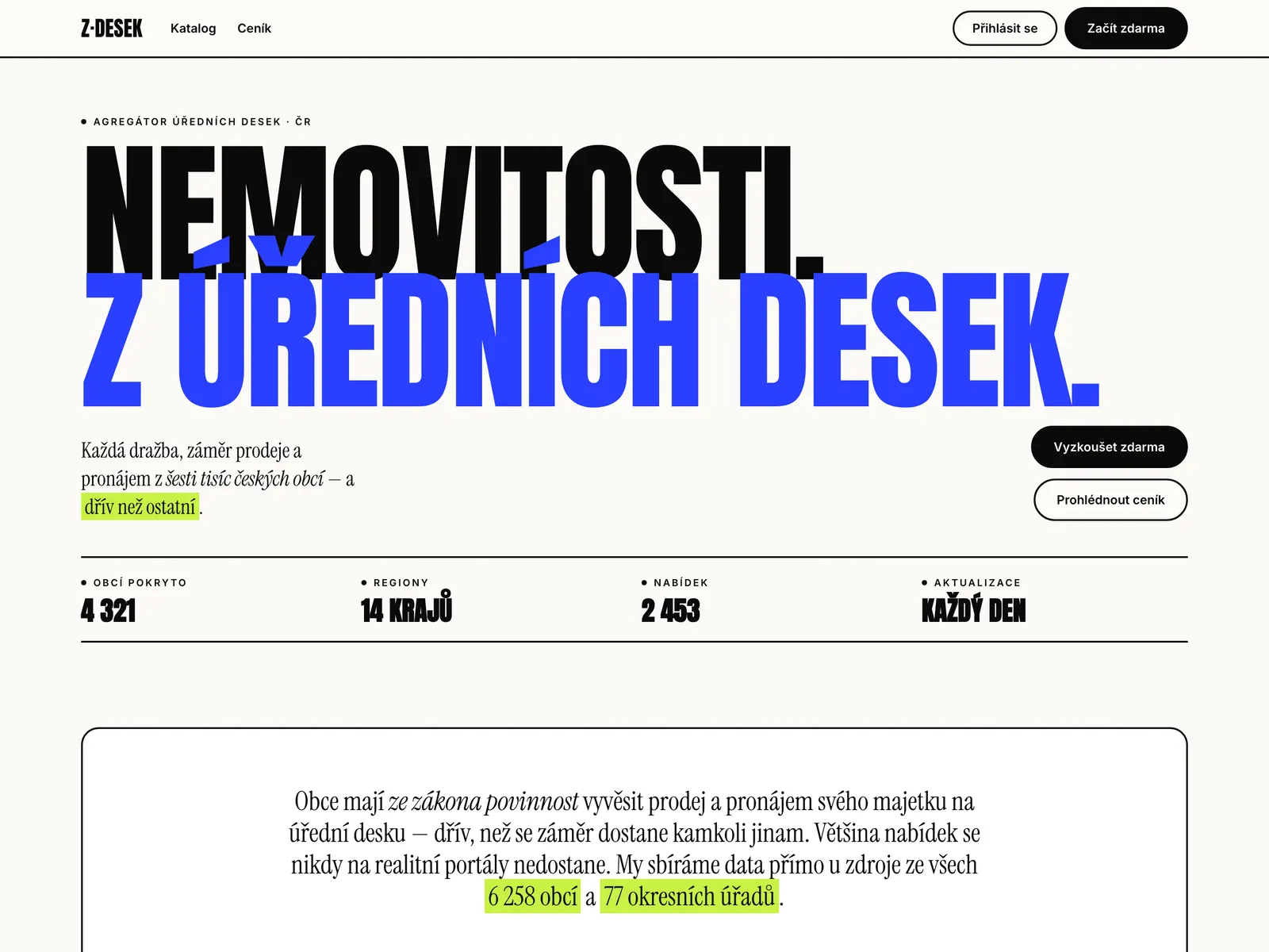 Úvodní stránka webu Z·DESEK s mapou krajů a filtrem nemovitostí
